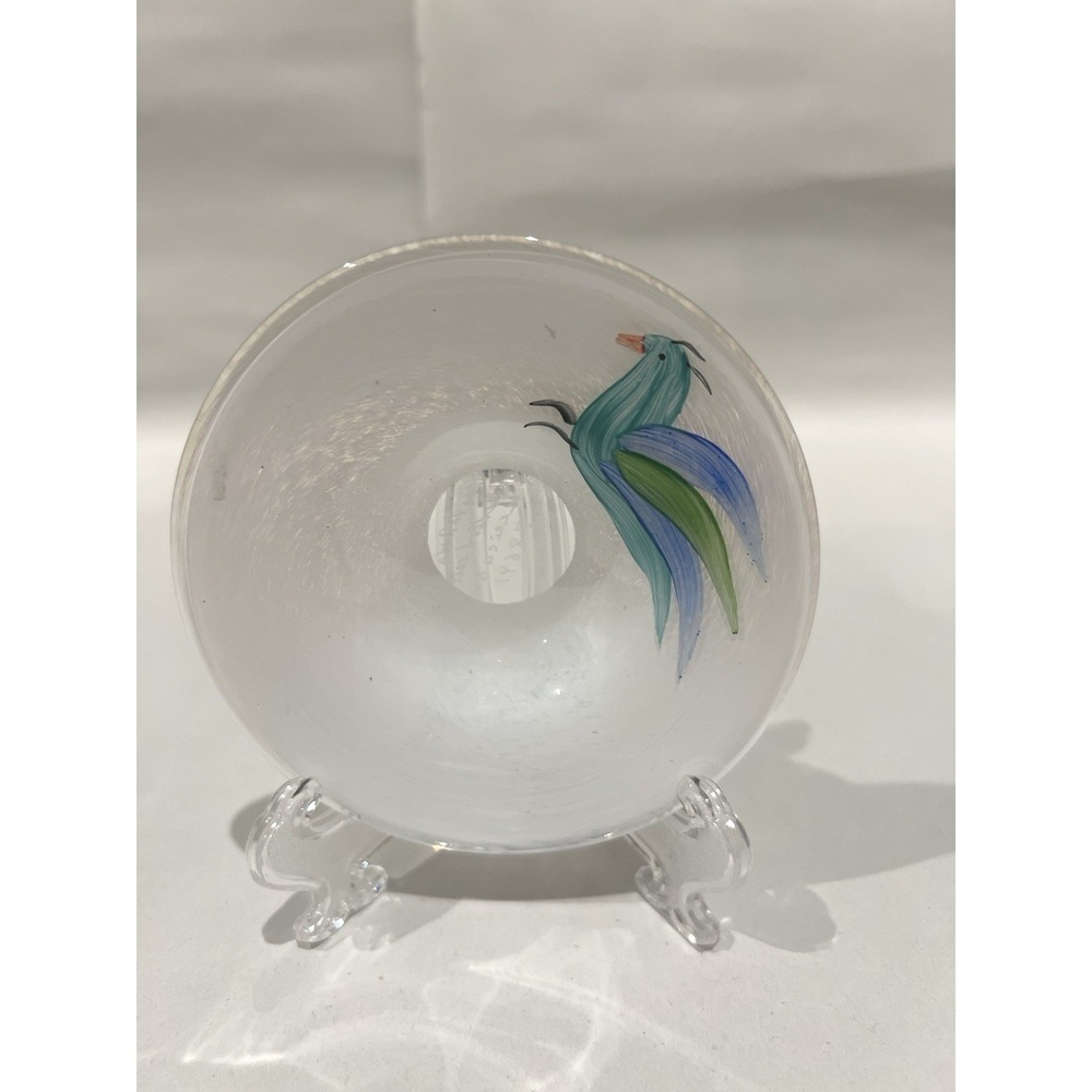 VTG Sklo Zadora Czech Art Glass Plate Hand Painted Bird‎ Signed 3.75"
